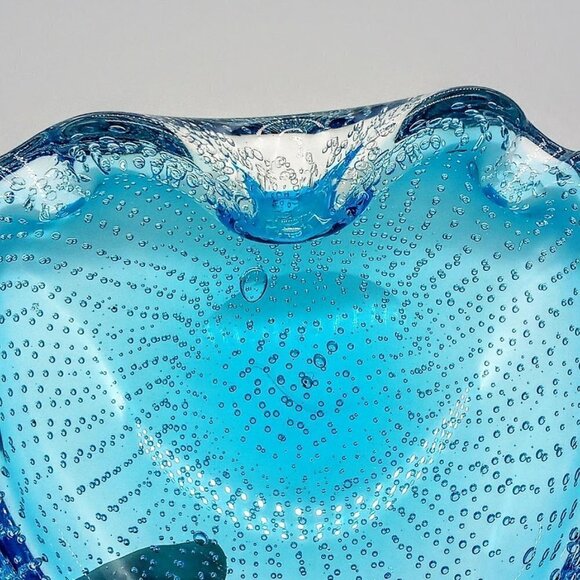 Murano Blue Controlled Bubble Glass Ashtray - Picture 6 of 6